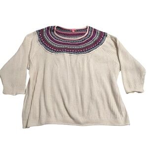 Women's Woman Within Crew Neck Sweater 5X Off-White with Pink Pattern